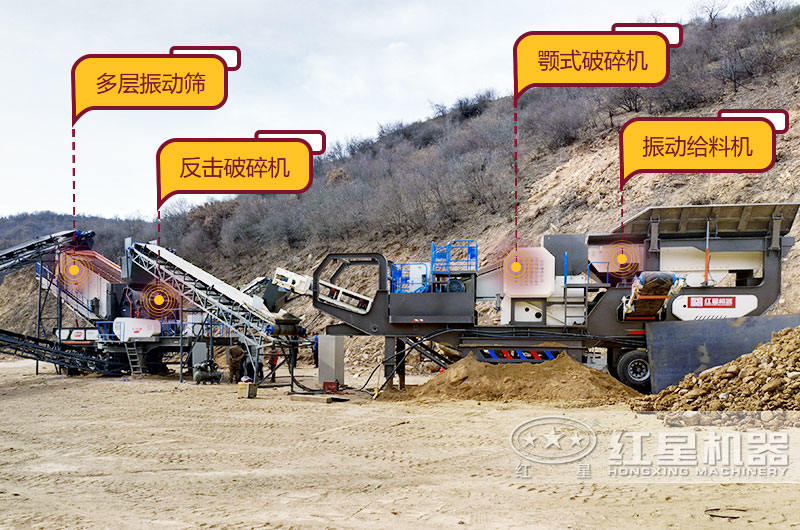 大型移動(dòng)破碎站生產(chǎn)現(xiàn)場(chǎng)，空間占地小，移動(dòng)靈活
